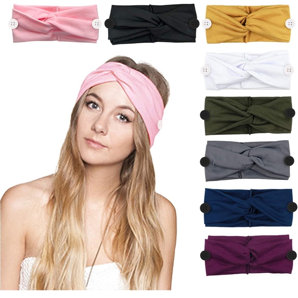 Cross-cross twisted boho headbands with buttons to secure face mask